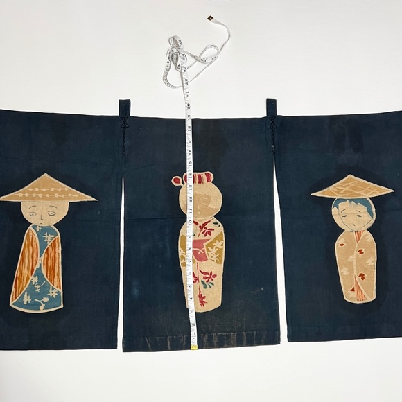 Vintage Noren Japanese Door Curtain Figures Dolls Navy Blue Traditional Textile - Picture 7 of 8
